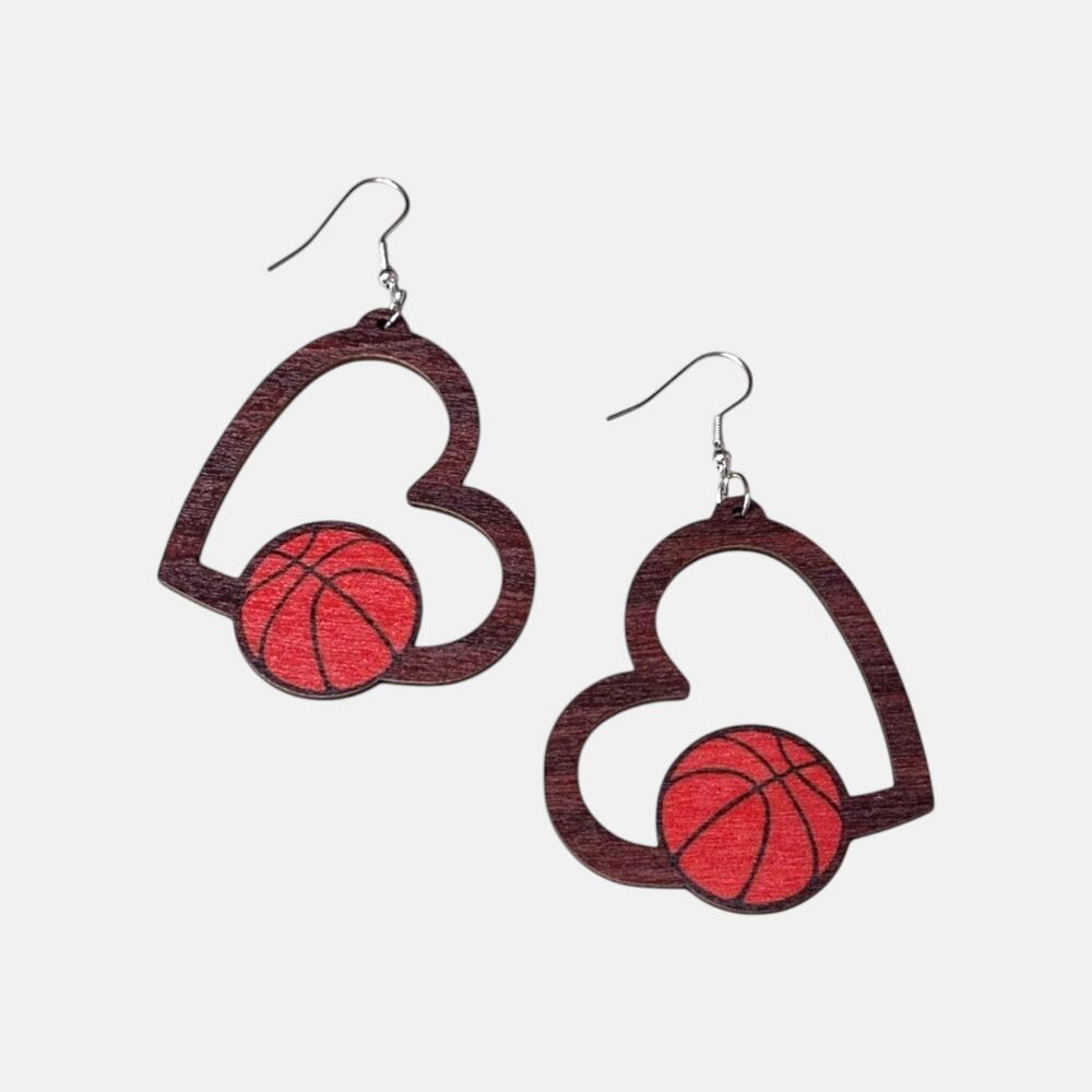 Heart Basketball Wood Earring